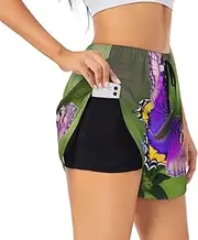 [GaxfjRu] Purple Butterfly Pattern Print Women's Running Shorts High Waisted Running Shorts Pocket Sporty Gym Elastic Short