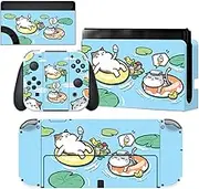 PlayVital Full Set Protective Stickers for Nintendo Switch OLED Model, Customized Vinyl Decal Skins for Switch OLED Console & Joycon & Dock & Grip - Pool Party Kitten