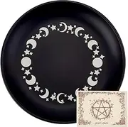 CREATCABIN Phase Moon Star Sacrificial Bowl Altar Ritual Plate Bowl Stainless Steel Flat Bowl Round Jewellery Tray Prayer Tarot Plate Black Ring Holder Jewellery with Card for Smoking Decoration 14 cm