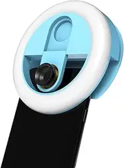 3-in-1 Clip-on Phone Fill-in Light & Mobile Phone Camera Lens Kit 3 Levels Light 0.63X Wide Angle 5X ro Lens Compat with 11/X/8/7 for Selfie Beauty Blue