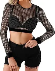 [WILDPARTY] Fishnet Top Women Long Sleeve Crop Top Fishnet Shirt Casual Sexy See Through Mesh Top