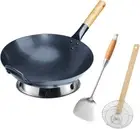 Preseasoned Carbon Steel Pow Wok Set, 14Inch Woks and Stir Fry Pans Hand Hammere