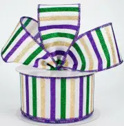 2.5" wired ribbon horizontal stripes Mardi Gras purple green gold canvas 5 yds