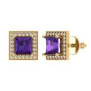2.3 Princess Round Cut Halo Natural Amethyst Stud Earrings Real 14k Yellow Gold