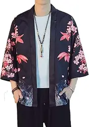 [PRIJOUHE] Men's Lightweight Kimono Jacket Seven Sleeve Open Front Cardigan Coat Japanese Style Bathrobe