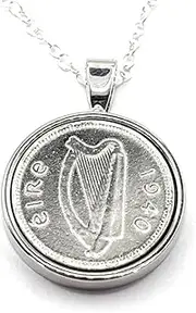[OCC Old Coin Cufflinks] Solid Pendant 1940 Lucky Irish Threepence 3d 85th Birthday plus a Sterling Silver 18in Chain, One size, Silver Plated, Other Clasp Type