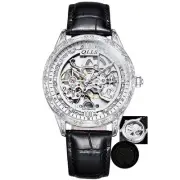 Hollow Carved Silver Automatic Watch Men Luxury Flywheel Skeleton Mechanical ...