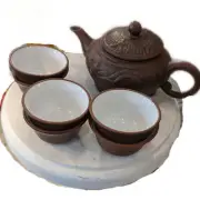 Vintage Redware Small Asian Teapot and 6 Cups