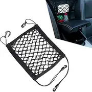 Civwesi 1 PC Car Front Seat Pet Isolation Net with Hook Rope Installation, 11.4" x 10.2" Dog Anti-Fall Safety Barrier Double-Layer Net Thick Retractable Elastic Pocket Storage Bag, for Cars (Black)