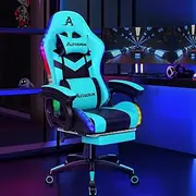 ALFORDSON Gaming Office Chair with 12 RGB LED Lights & 8 Point Massager, PU Leather Racing Computer Chair with Lumbar Support Footrest High Back, Ergonomic Executive Desk Chair for Gamer Cyan Black
