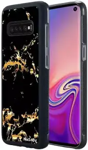 Nasopy Black Shockproof Gold Marble Case compatible w/ Samsung Galaxy S10e Lite