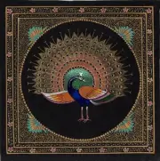 Handmade Indian Peacock Painting Feather Pattern Watercolor Silk Decor Artwork