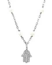 Silver 0.07 ct. tw. Diamond 3-4mm Pearl Hamsa Necklace