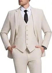 [Pyiuhs] Linen Men Suit 3 Piece Slim Fit Mens Linen Suits Blazer Jackets Vest Pants Set Summer Wedding Prom Tuxedo Outfit