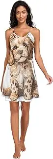 [RPLIFE] Cute Poodle Puppy Leopard Print Basic Satin Slip Lingerie, Adjustable Spaghetti Strap V Neck Chemise for Women