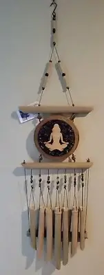 LOTUS YOGA SASSAFRAS WOOD BAMBOO WIND CHIME Amethyst inlay quartz crystals 38x10