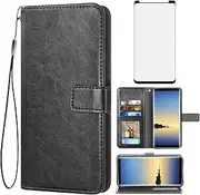 Asuwish Compatible with Samsung Galaxy Note 8 Wallet Case Tempered Glass Screen Protector and Flip Cover Card Holder Stand Cell Accessories Phone Cases for Glaxay Note8 Not Galaxies Gaxaly Black