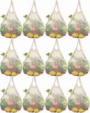 12 Pieces Reusable Mesh Grocery Bags Portable Cotton Mesh Produce Bags Washable Net Bag Mesh Reusable Tote Bag with Handle String Shopping Organizer Bag for Fruit Vegetable Shopping Storage Market,