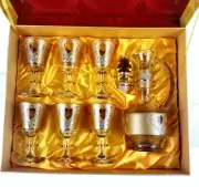Vintage Wine Glass Set of 6 w/ Decanter Clear Golden Frosted Gift Box Gulben NEW