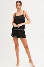 Black Pyjamas Set Scoop Neck Cami Top & Shorts Satin - Size L, Women's Satin Set