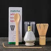 SHGarden Japanese Matcha Whisk Set 5 pcs House Hold Tea Making Tool Handmade Bamboo Whisk, Tea Scoop, Spoon and Ceramic Whisk Holder Tea Accessories for Matcha Tea Ceremony SH0068 (White)