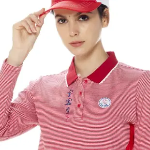 【Lynx Golf】女款純棉材質百搭橫條紋精美花邊領脇邊剪裁設計長袖POLO衫/高爾夫球衫(二色)
