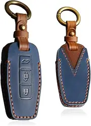 HIBEYO Leather Key Fob Cover for Mitsubishi Outlander 2022 2023 Accessories with Keychians 3 Button Key Case Shell for Mitsubishi Smart Remote Auto Key-Blue