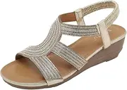 [Generic] Ladies Summer Bohemian Style Rhinestone Beach Large Size Slope Heel Sandals Camping Sandals