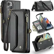 ELEPIK for iPhone 13 Mini Case, Adjustable Crossbody Wallet Case with Card Holder, Kickstand, [RFID Blocking] [Crossbody & Wrist Strap] Durable PU Leather Magnetic Phone Case, Black
