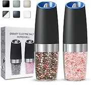 UNNEES Gravity Electric Salt and Pepper Grinder set of 2, Automatic Salt and Pepper Mill Grinder, Adjustable Roughness, Battery Powered, LED Light, 2 Pack, (Black)…