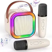 Karaoke Machine, Karaoke Machine for Kids Adults, Mini Karaoke Machine with 2Wireless Microphones, Portable Bluetooth Speaker with Voice Changing Effects LED Lights, Best Gifts Toys for Kids White