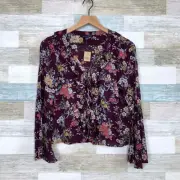 American Eagle Lace Up Ruffle Peasant Top Purple Floral Bell Sleeve Womens Small