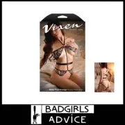 VIXEN Better Than Revenge Embroidered Mesh Open Crotch Halter Teddy 6-16Au