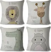DUILE Cartoon Animal Pillow Covers Kids Pillowcase 18×18 Inch Set of 4 Throw Pillow Covers Set Cotton Throw Cushion Case for Sofa Couch Home Decor School Cushion Case(Hippo, Giraffe, Lion, Crocodile)