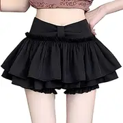 [RILGOU] Kawaii Lolita Gothic Vintage Casual Elastic Waist Knot Lace Tiered Pleated Skirt with Shorts Underneath