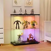 STACKED Glass Display Cabinet with 3 RGB Light,Tempered Glass 2-Layer 2 Door with Lock,Standing Show Case Clear Door Display Platform Magnetic Closure, Home Organizer Cabinet for Bedroom, Living Room