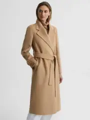 REISS AGNES BELTED BLINDSEAM WOOL LONGLINE COAT IN CAMEL UK SIZE 12
