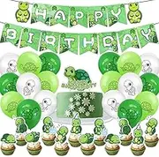 Turtle Birthday Party Decorations Set, Happy Birthday Banner, Balloons, Cake Topper, Cupcake Toppers, 32 Pieces, Green