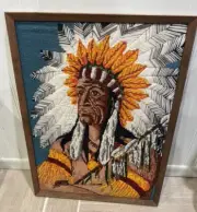 Vtg Native American Indigenous Indian Chief Needlepoint Framed 27 X 19 SEE DESC