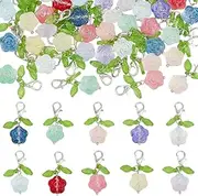 [GOMAKERER] 40 Pcs 10 Colors Glass Floral Charms, Rose Flower Pendants with Leaf Glass Dangle Charms with Platinum Alloy Lobster Clasp for Necklace Earrings Bracelets Jewelry Making DIY Crafts, Glass
