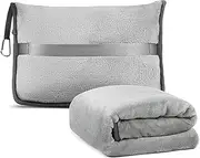 [KINGTLE] Travel Blanket and Pillow Set, 2-in-1 Blanket with Soft Pillowcase, Backpack Buckle and Luggage Strap, Portable Compact Blanket Set for Airplane and Car Travel (Grey)