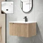 Wall Vanity Unit 76cm Ceramic Basin Bathroom Cabinet Soft-closing Drawer Brown