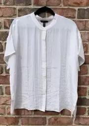 NWT Eileen Fisher Ivory Silk Blend Mandarin Collar Short Sleeve Blouse $238 XL