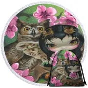Owl Fairy Owlyn in the Springtime Cherry Blossom Round Beach Towel