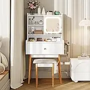 Vabches Small Makeup Vanity Desk with Mirror and Lights, White Vanity Set with Charging Station, 3 Led Lighted Modes Adjustable Brightness, Dressing Table with Drawers and Chair for Girl