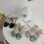 Shirred Ankle Strap Chunky Heel Sandals Black - 37