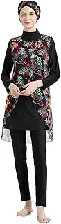 [WOWDECOR] Muslim Swimsuits for Women Printed 4 Pieces Fully Covered Swimwear Rash Guard Burkini with Detachable Hijab