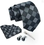 [AXLON] Checkered Tie For Men – Formal Ties Set With Pocket Square, Cufflink & Tie Clip With Gift Box For Mens, Silk Fabric Neckties Gift Sets For Men’s (CH1)