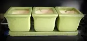 Green Four Piece Ceramic Planter Set 3 Square Planters 4"x4"x4 W/ Tray 12"x4"