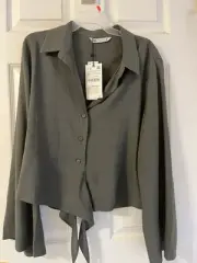 ZARA Women Tie Front Green V-Neck Top Linen Blend Long Sleeve Blouse XXL NWT